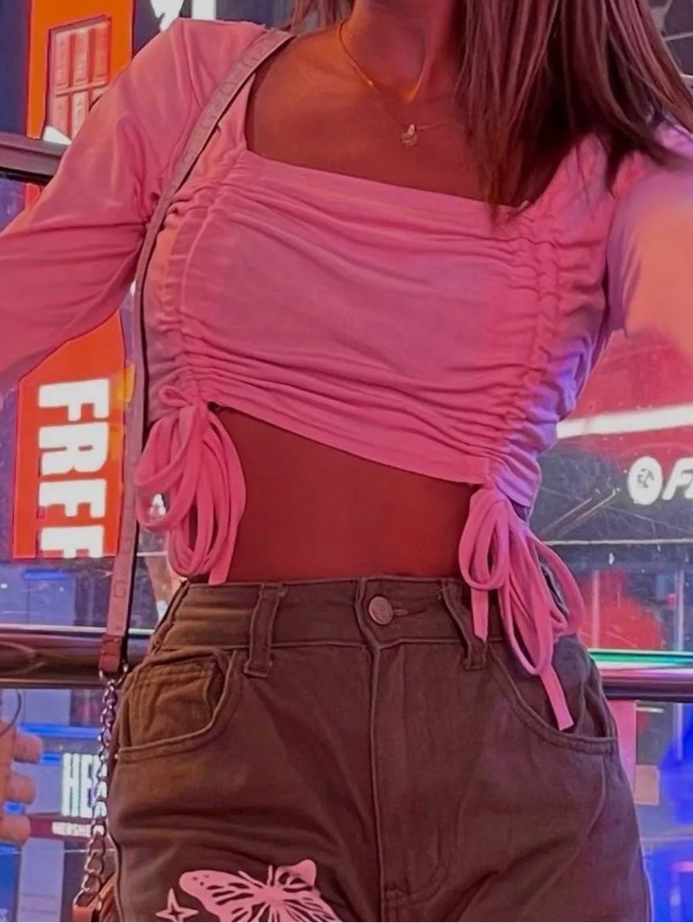 Ruched Tie-Side Crop Top in Pink